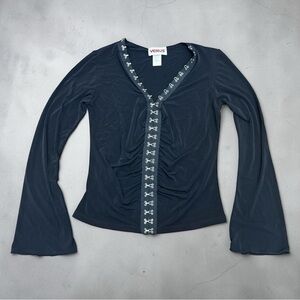 Vintage Y2K VENUS black goth alt ruched hook & eye long bell sleeves top size L